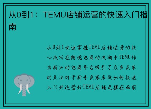 从0到1：TEMU店铺运营的快速入门指南