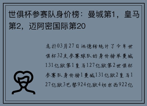 世俱杯参赛队身价榜：曼城第1，皇马第2，迈阿密国际第20