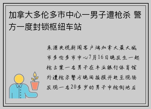 加拿大多伦多市中心一男子遭枪杀 警方一度封锁枢纽车站