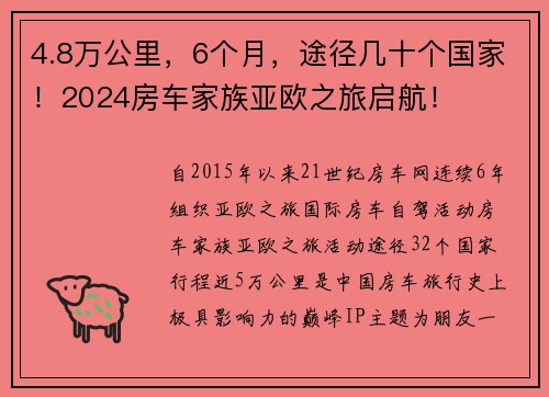 4.8万公里，6个月，途径几十个国家！2024房车家族亚欧之旅启航！